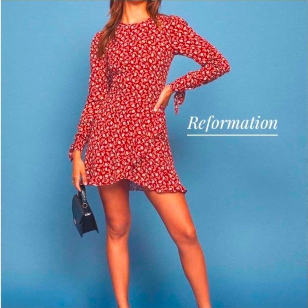 Reformation Red Floral Long Sleeve Tie Cuff Ruffle Mini Dress Women Small Size 2